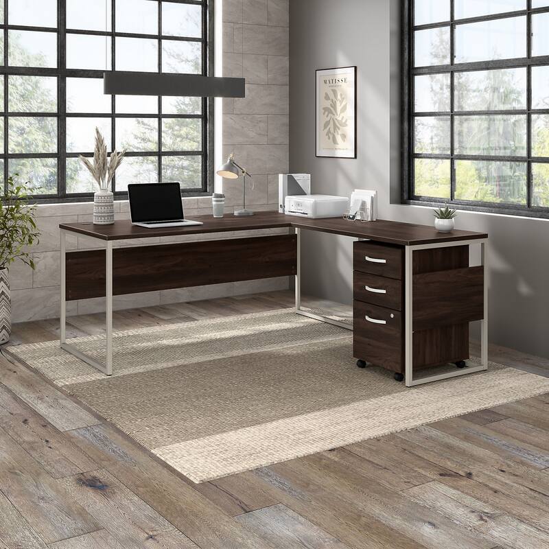 Hybrid 72W L Shaped Table Desk with Drawers by Bush Business Furniture - Black Walnut