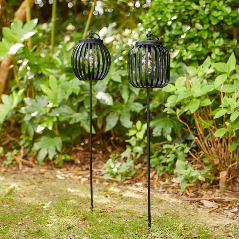 Glitzhome Metal Stripes Waterproof Solar Powered Outdoor Lantern with Garden Stake - Column & Round