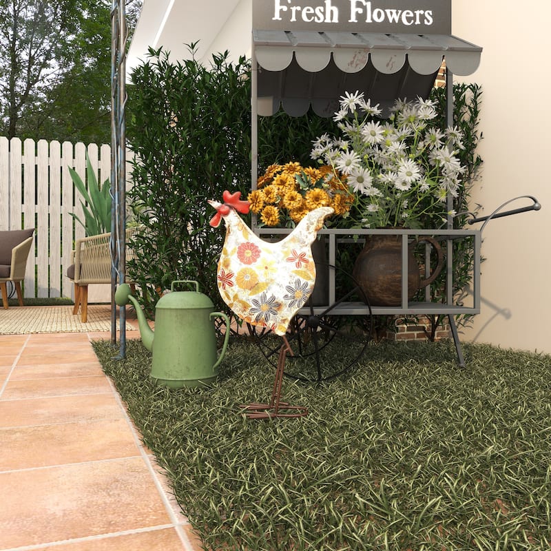 Metal Rooster Indoor Outdoor Distressed Standing Decorative Garden Sculpture - Green or Cream - Roche River Decor