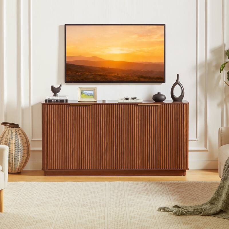 Anmytek Mid-Century Modern Sideboard with Fluted Detailing and Gold Handles in Walnut Finish