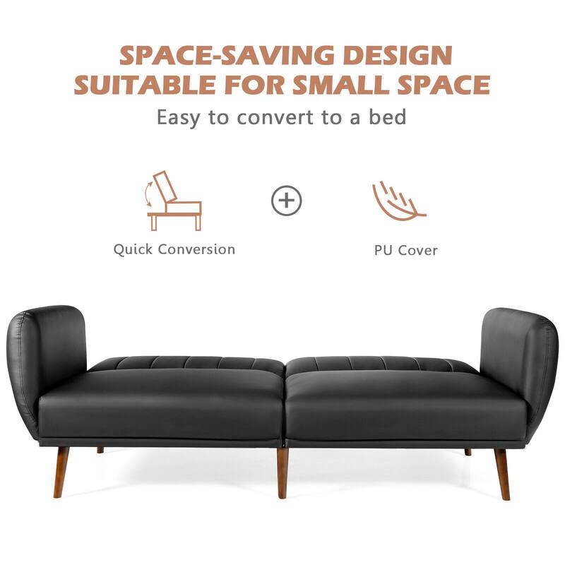 Gymax Convertible Futon Sofa Bed PU Adjustable Couch Sleeper w/Wood
