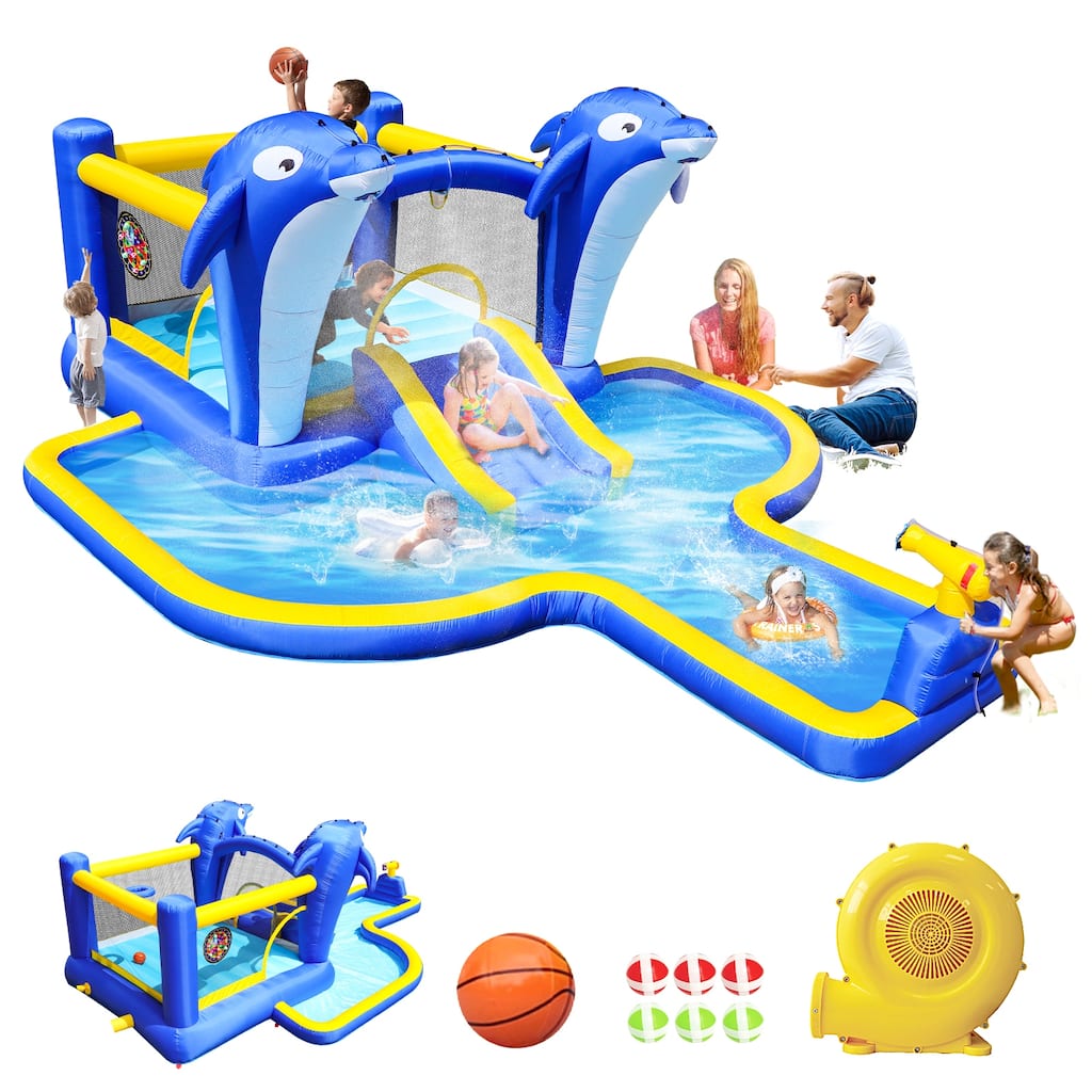 8 in1 Inflatable slide water park trampoline bouncing house outdoor garden with Dolphin sprinkler & Target games - Multicolor