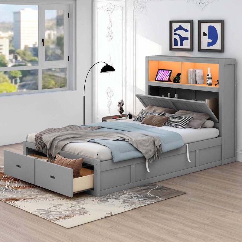 Hydraulic Platform Bed with Storage LED Headboard, Charging Station and 2 Drawers