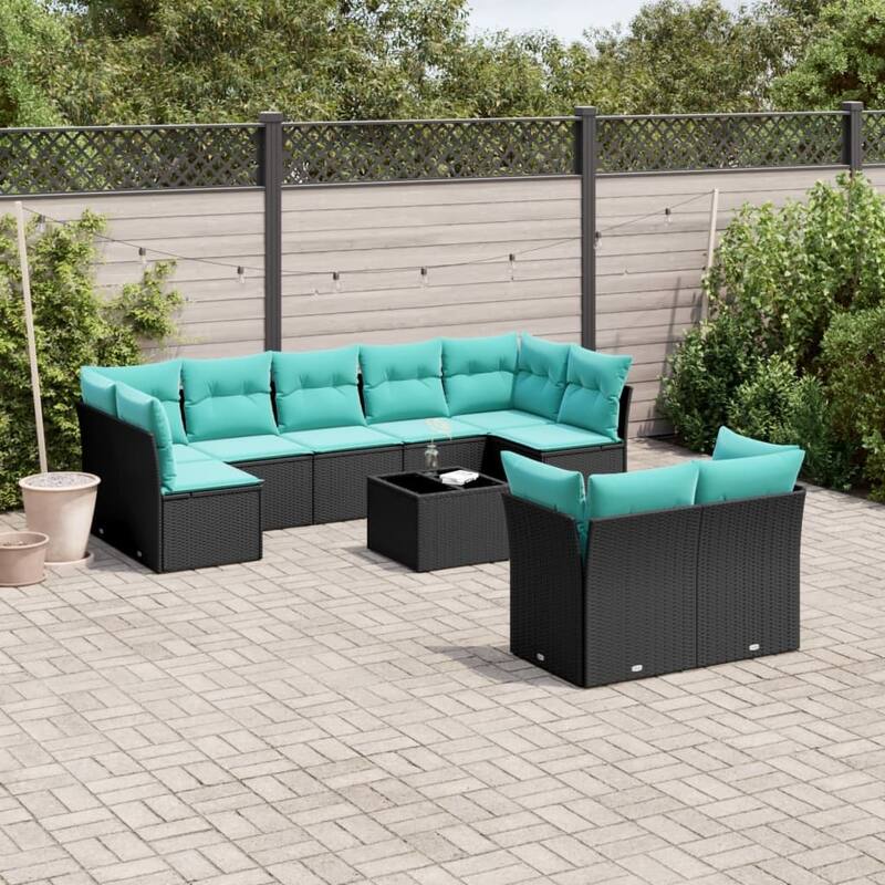 vidaXL 9 Piece Patio Sofa Set with Cushions Black Poly Rattan - 24.4x27.2x24.4-With table