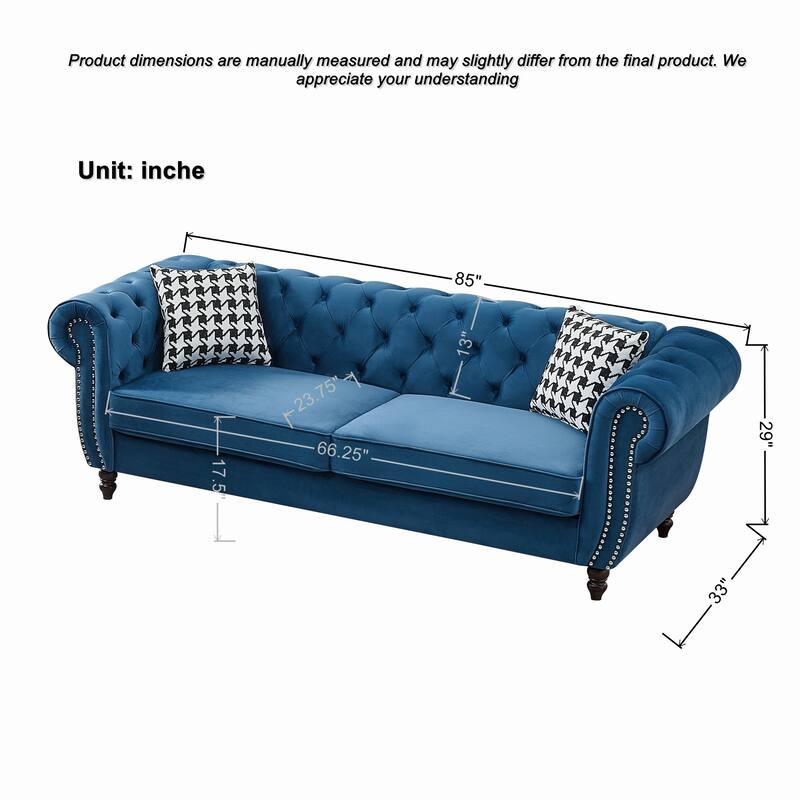 Roomfitters 85" + 65" Classic Chesterfield Upholstered Sofa and Loveseat Set, Scrolled Arm Couch with Button Back Design