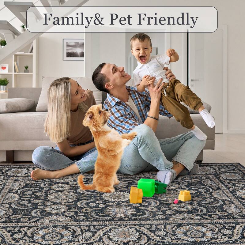 Washable Area Rugs for Living Room Stain Resistant Carpet Vintage Rugs Bedroom Low Pile Non Slip Accent Carpet