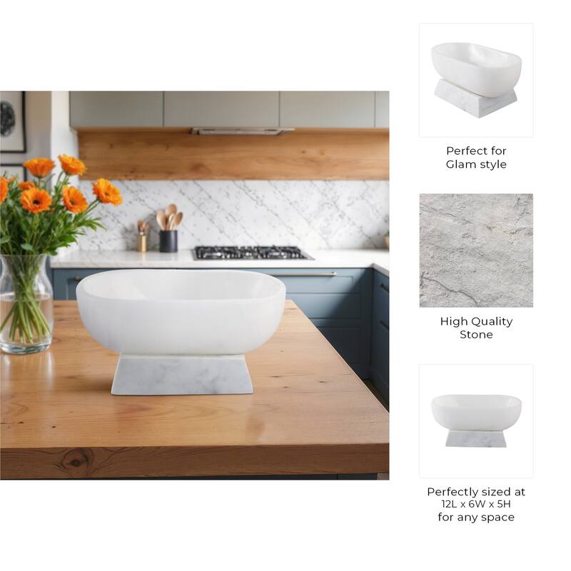 Stone Decorative Bowl Pedestal Base Polished Finish - 5" White - 12" x 6" x 5"