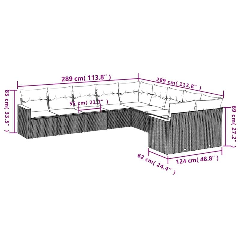 vidaXL Patio Sofa Set with Cushions Outdoor Conversation Furniture Poly Rattan - 24.4 x 24.4 x 27.2 in