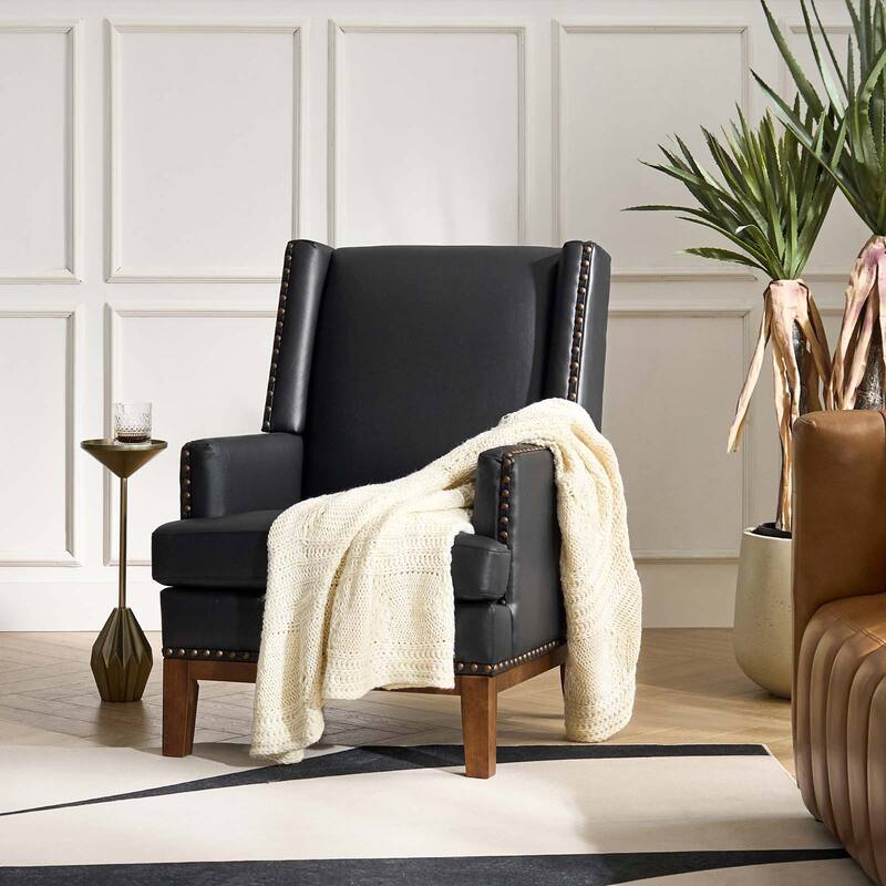 Lourdes Genuine Leather Armchair with Solid Wood Frame and Removable Seat Cushion by HULALA HOME - Black