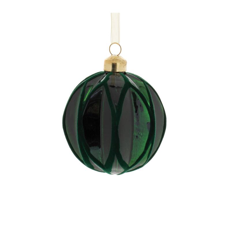 Green Velvet Glass Ribbed Ornaments Set of 12 Ball Onion Oblong Decor - 3” x 3” x 3.5” (L x W x H)