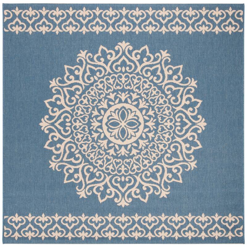 SAFAVIEH Linden Sotira Indoor/ Outdoor Waterproof Patio Backyard Rug - 6'7" Square - Cream/Blue