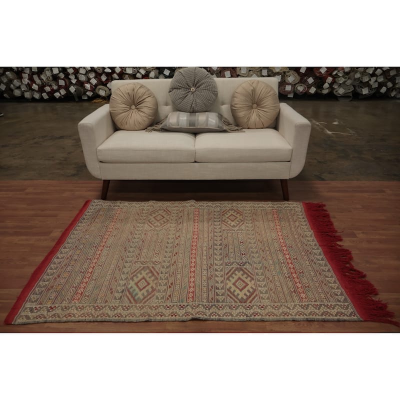 Hand Woven Oriental 100% Wool Carpet Traditional Tribal Beige & Ivories Durrie-Kilim Area Rug - 5' 5'' X 3' 11''