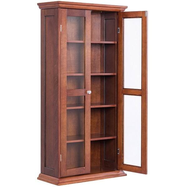Shop Costway 44 5 Wood Media Storage Cabinet Cd Dvd Shelves Tower Glass Doors Walnut Overstock 20680929