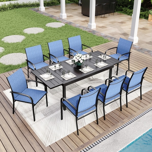 slide 2 of 51, MAISON ARTS 7/9-Piece Patio Dining Set with Metal Rectangle Expandable Table and 6/8 Textilene Dining Chairs 9-Piece Blue Chairs