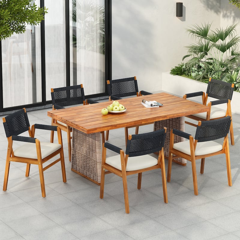 Christopher Knight Home - Kael Outdoor Acacia Wood Dining Set with Rope-Woven Armchairs and Cushions - Black Rope+Brown Wicker+Beige Cushion