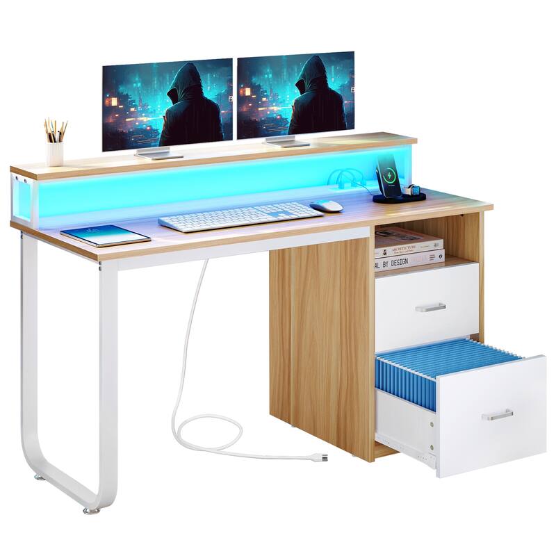 Moasis Computer Desk with Monitor Stand Home Office Gaming Desks with Drawer Filing Cabinet - 47"W - Brown