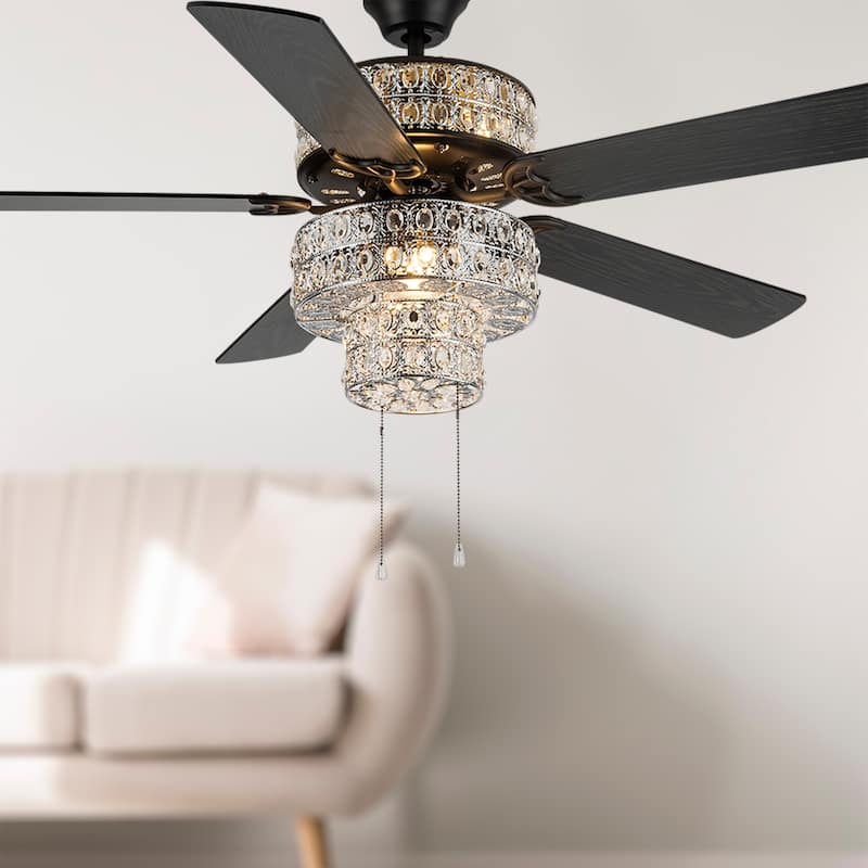 Silver Orchid March Silver Punched Metal and Clear Crystal Ceiling Fan - 52"L x 52"W x 21"H - 52"L x 52"W x 21"H