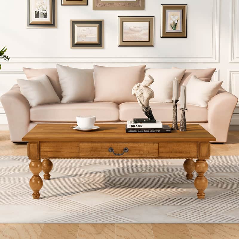 Vintage Cocktail Table Rectangular Wooden Coffee Table with Storage Drawer, Gourd-Shaped Legs and Zinc Alloy Handle - Natural