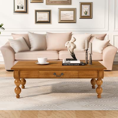 Vintage Cocktail Table Rectangular Wooden Coffee Table with Storage Drawer, Gourd-Shaped Legs and Zinc Alloy Handle