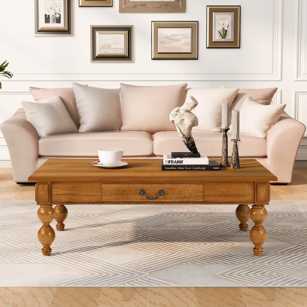 Wooden Sofa Side Table End Table, Coffee Table with Storage Drawer, Cocktail Table with Solid Gourd-Shaped Legs