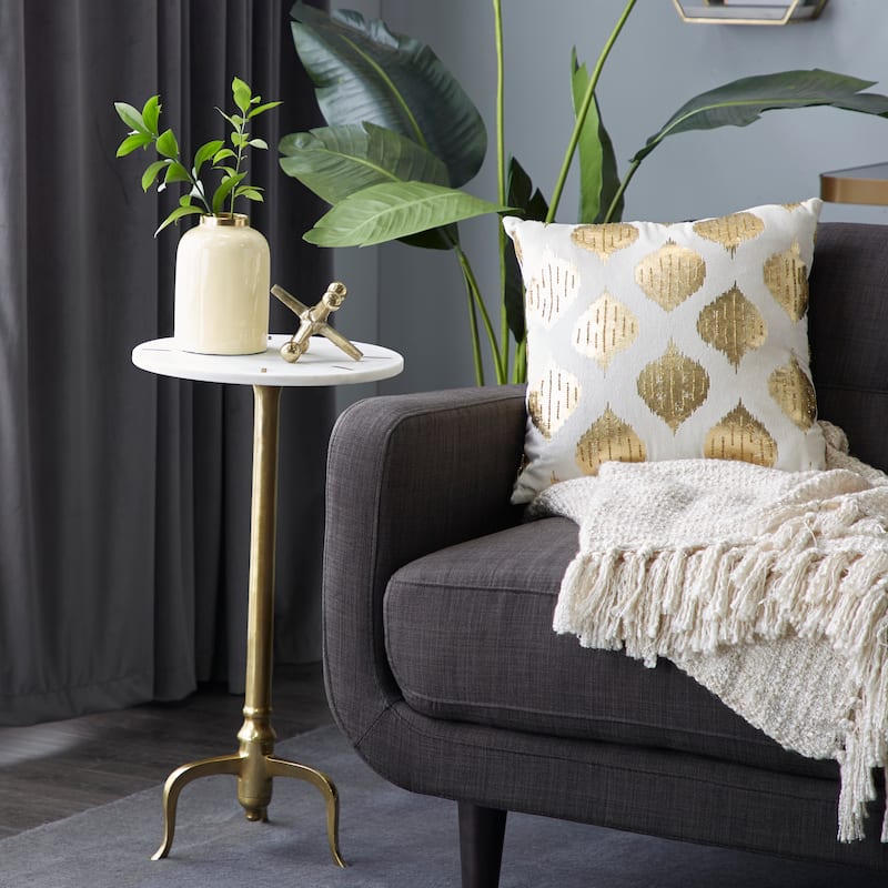 Marble Accent Table with Gold Inlay and Scrolled Base - White - Roche River Decor