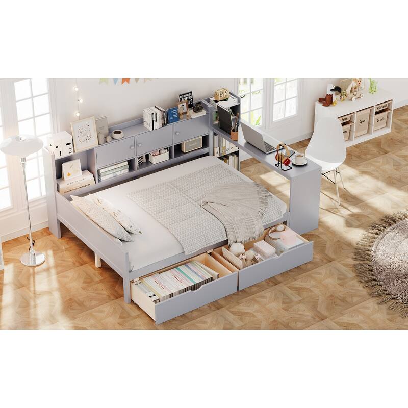 L-Shape Full Size Daybed with Storage, Study Desk & Bookshelf - Multi-Functional Gray Wooden Bed