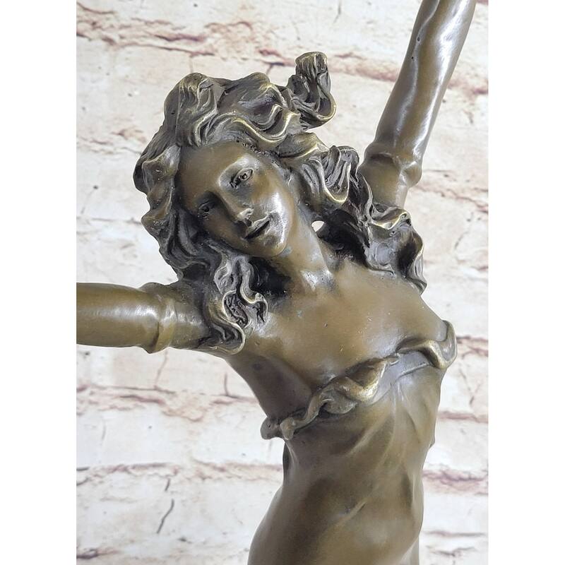 Tambourine Dancer Girl Bronze Sculpture Statue Figure On Marble Base
