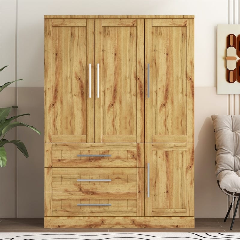4 Door Wardrobe Bedroom Closet with 3 Storage Drawers, Solid Wood Armoire Clothes Organizer with Hanging Rods & Storage Shelves