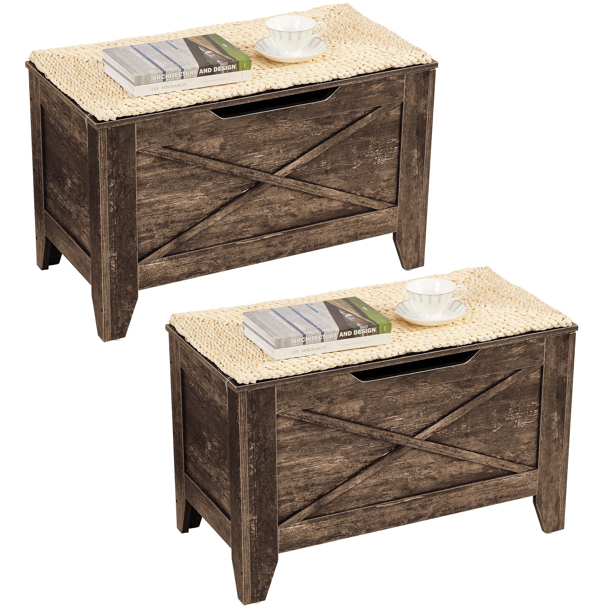 VECELO Storage Bench, Wooden Chest for Storage with Wicker Mat Safety Hinges Entryway Shoe Bench Storage Trunk(Set of 2)