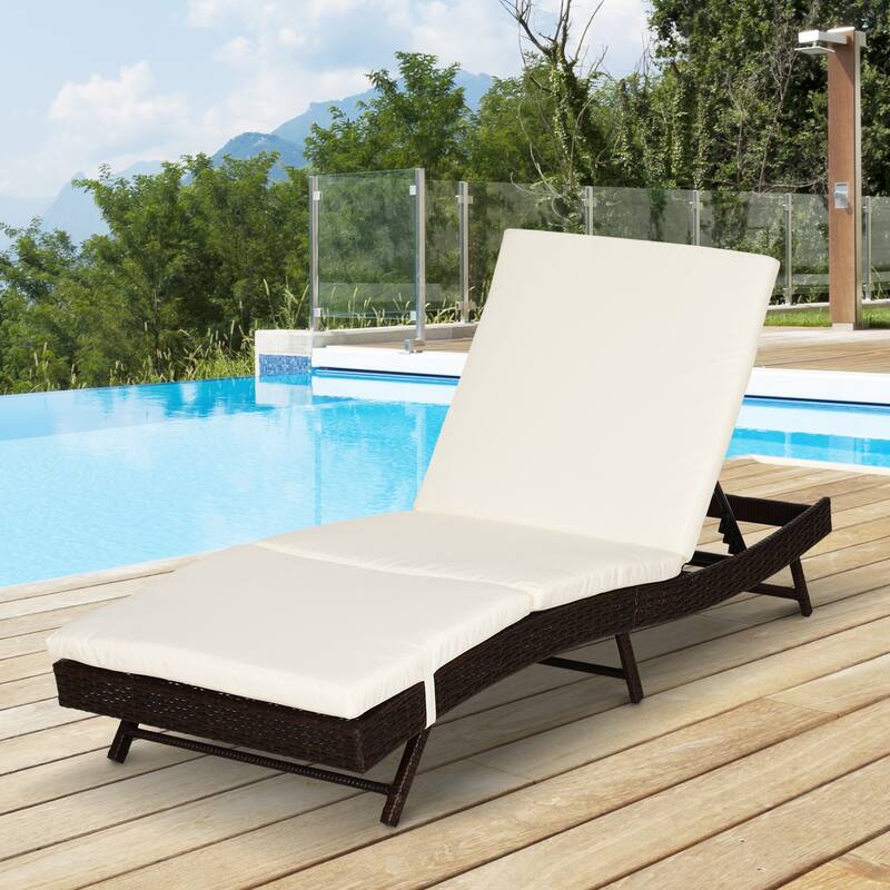 Patio Chaise Lounge, Pool Chair with 5 Position Adjustable Backrest & Cushion, Outdoor PE Rattan Wicker Sun Tanning Seat