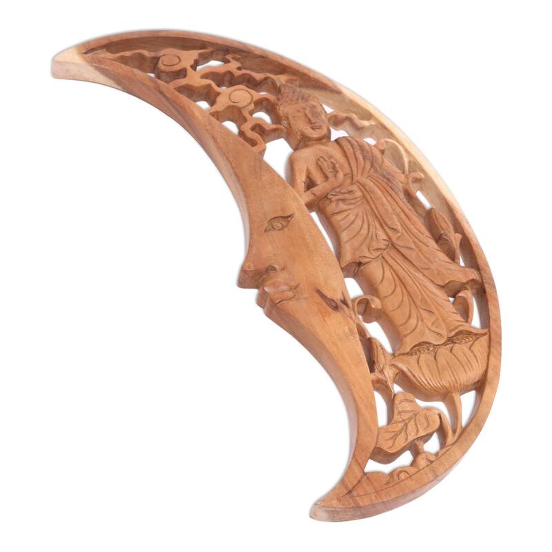 Novica Handmade Buddha Moon Wood Relief Panel