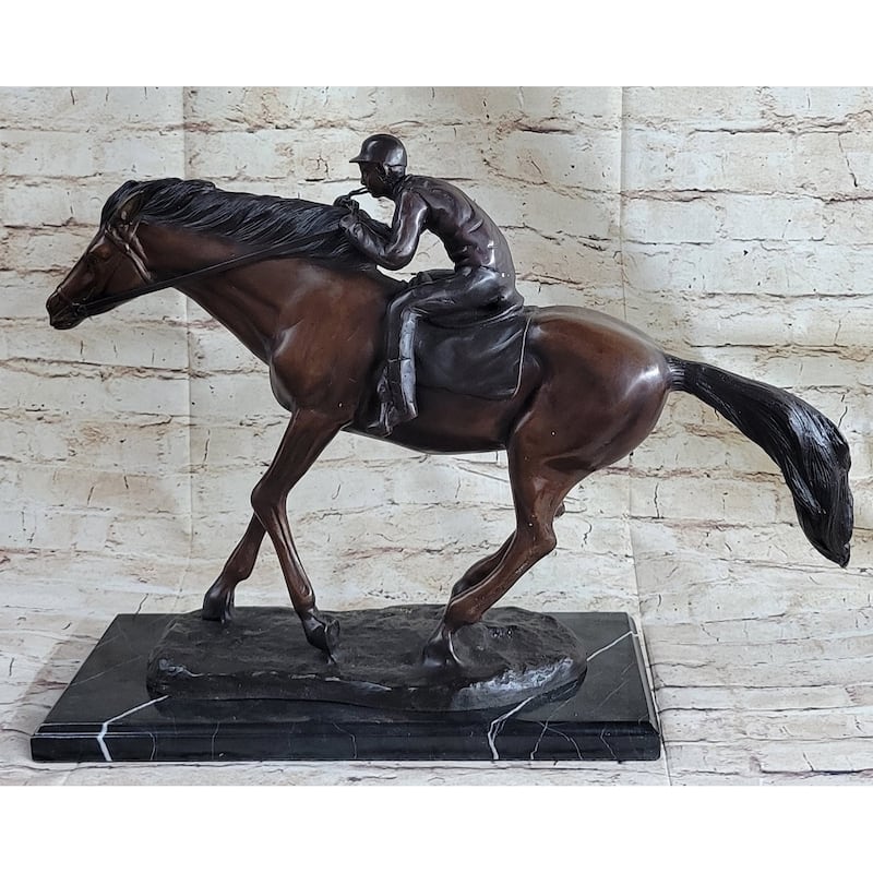 Bronze Jockey Horseman Equestrian Horse Racing Statue Sculpture Decor 16 Inches X 23 Inches