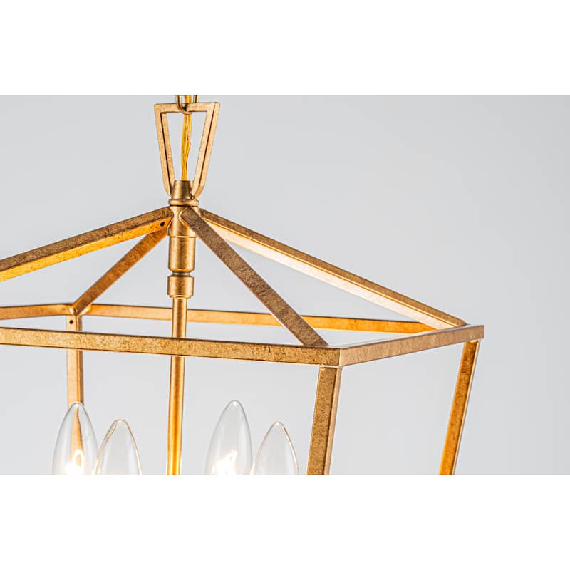 OB - 4-Light Modern Antique Brass Candle Style Lantern Chandelier Coastal Farmhouse Gilded Iron Cage Hanging Light