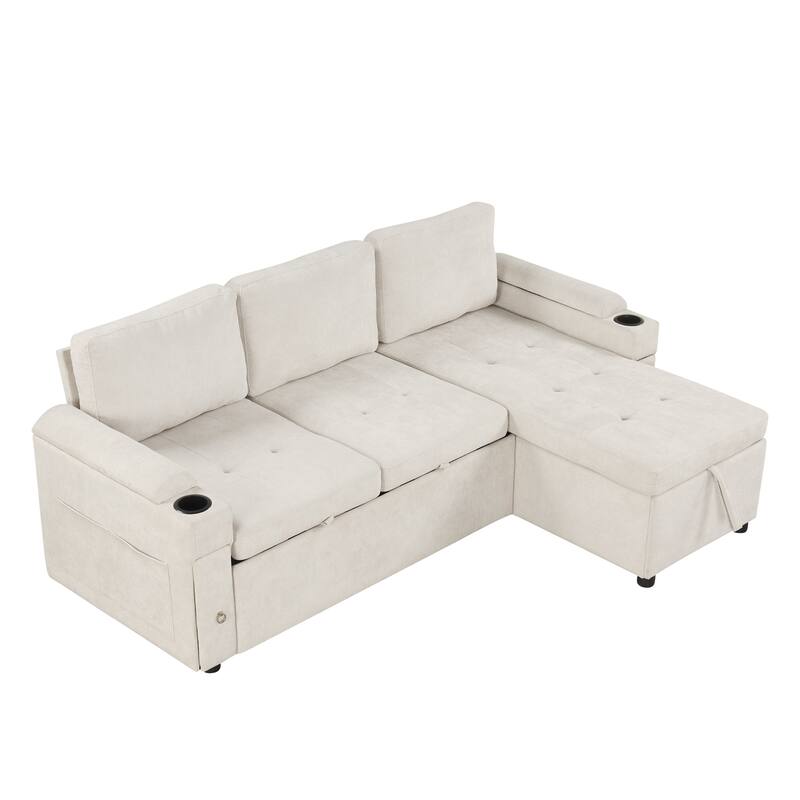 L-Shaped Convertible Sofa Bed with Reversible Chaise Lounge, Chenille Fabric Sectional Sofa with 2 Cup Holders & 2 USB Ports
