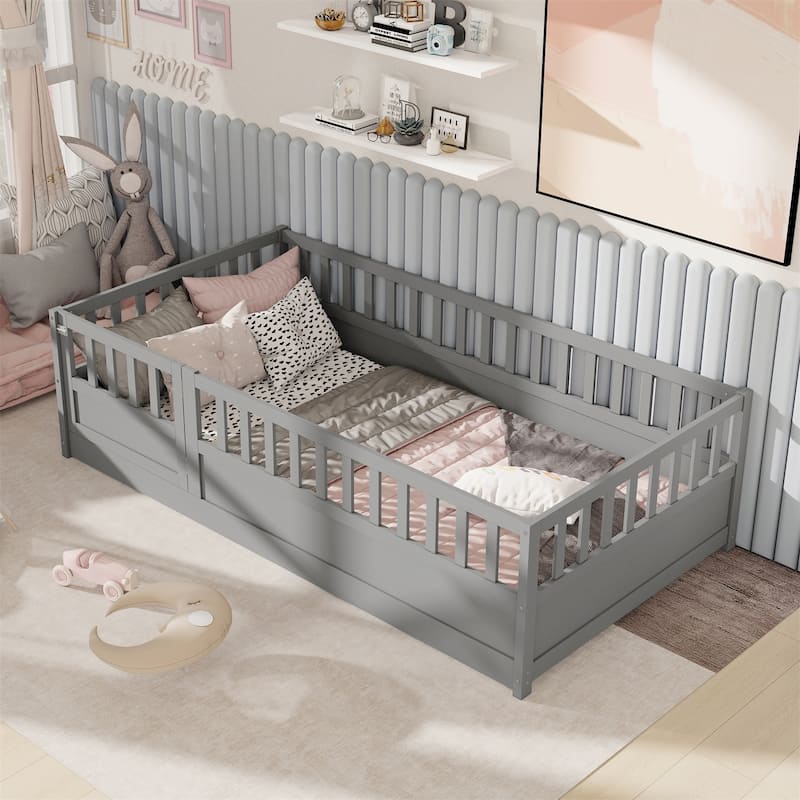Twin Size Floor Bed with High Security Barrier - Grey