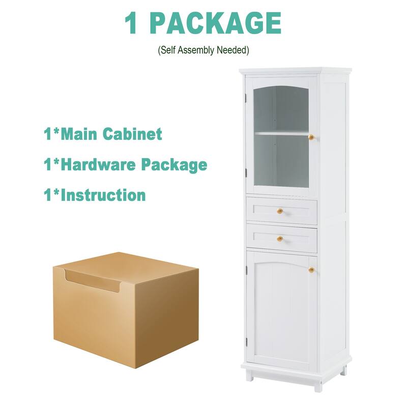 Tall Bathroom Storage Cabinet with Glass Doors, Free-Standing Sideboard, Organizer Cabinet with 2 Drawers & Adjustable Shelves