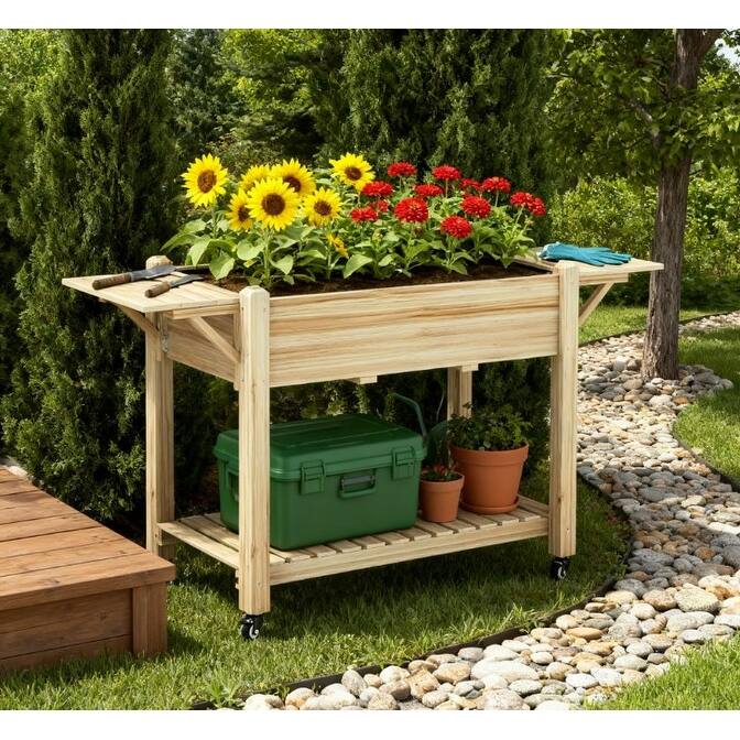 Planter Box Caster Wheel & Storage Shelf, Drain Hole, Solid Fir Wood - Natural Wood