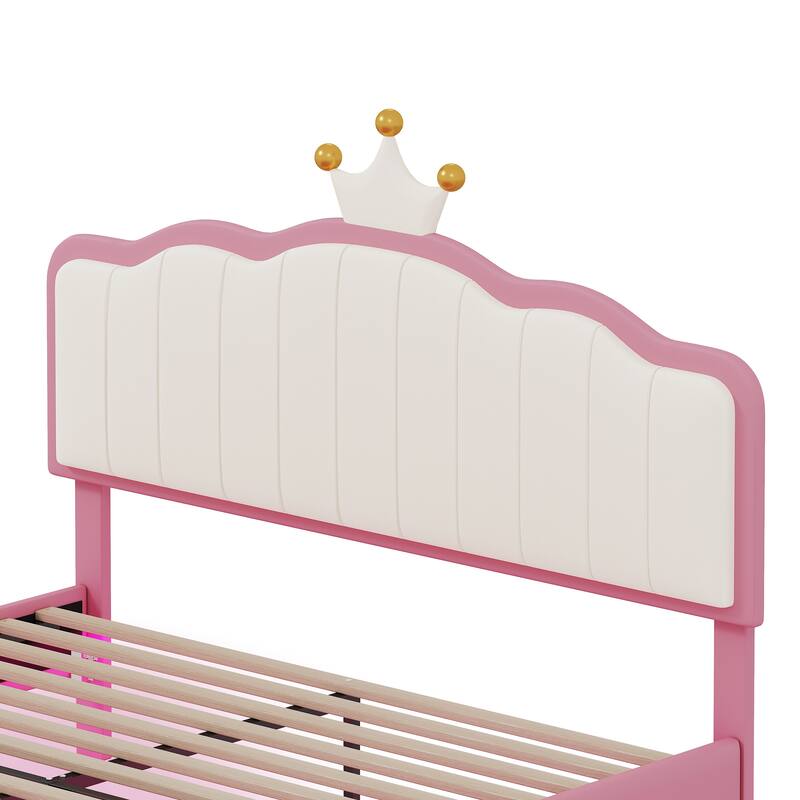 Twin/Full Size Upholstered Kids Princess Bed with Crown Headboard, PU Leather Platform Bed Frame with Light Strips
