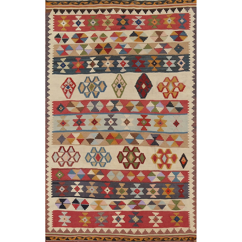 Kilim Qashqai Persian Vintage Rug Handmade Beige Wool Carpet - 4'7"x 7'4"