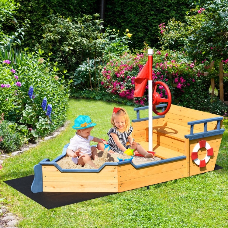 Kids Pirate Boat Wooden Sandbox Children Outdoor Playset x