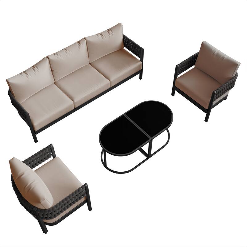 Kullavik 5-piece Aluminlum Frame Woven Rope Patio Sofa with Glass Table and Cushions