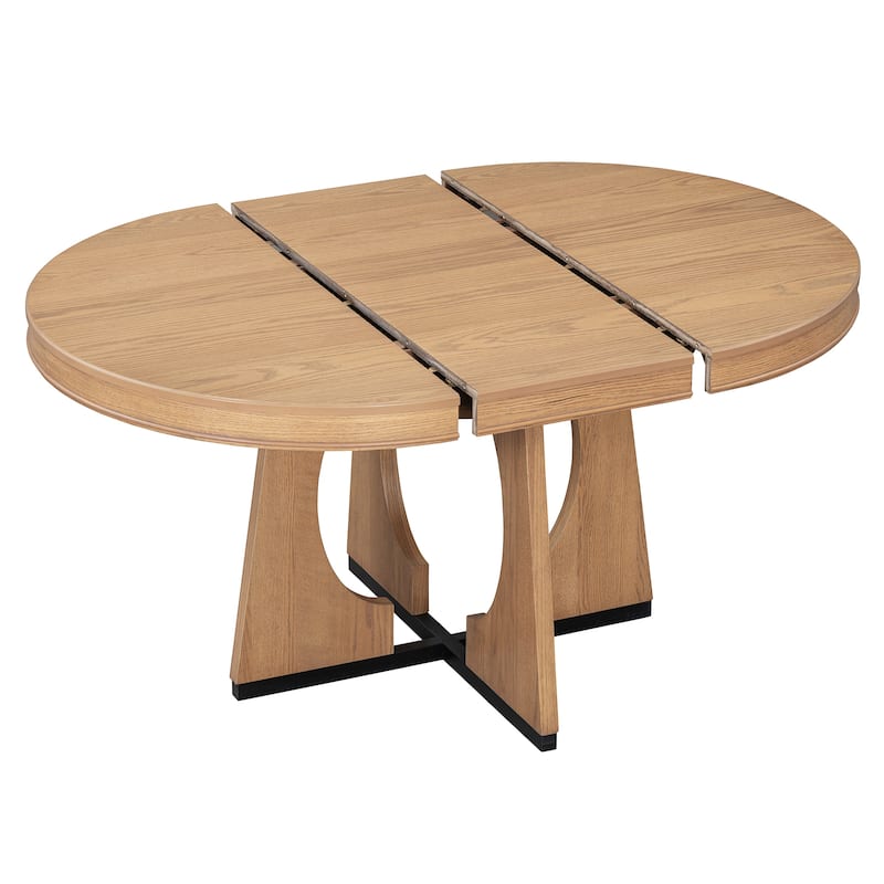 5-Piece Retro Dining Table Set, Extendable Round Table with Removable Leaf