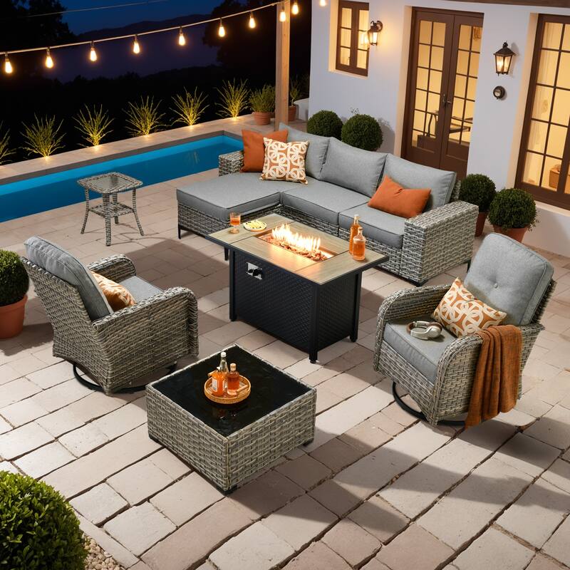 OVIOS 9-Piece Outdoor Chaise Lounge Sofa Set​ With Fire Pit​ - DarkGrey