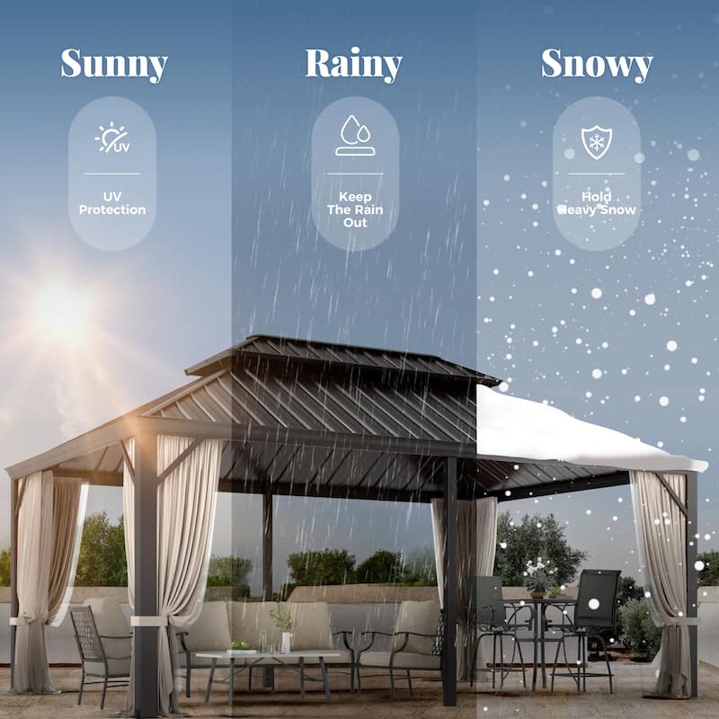 MAISON ARTS 14x20' Hardtop Aluminum Galvanized Steel Double Roof Gazebo with Netting & Curtains