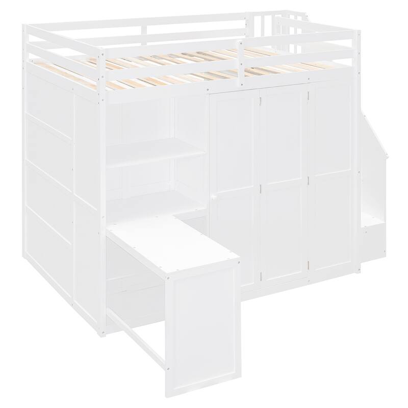 Full Size Loft Bed with Wardrobe,Desk and Shelves,White