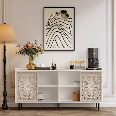 Mid-Century Modern Storage Cabinet, White Curio Buffet for Living Room, Wood Sideboard Buffet Cabinet, Accent Display Cabinet