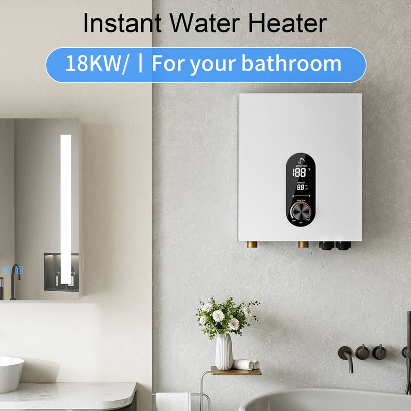 18KW Tankless Electric Water Heater, On Demand Instant Hot Water Heater with LED Temperature Display, 240V Wall Mounted