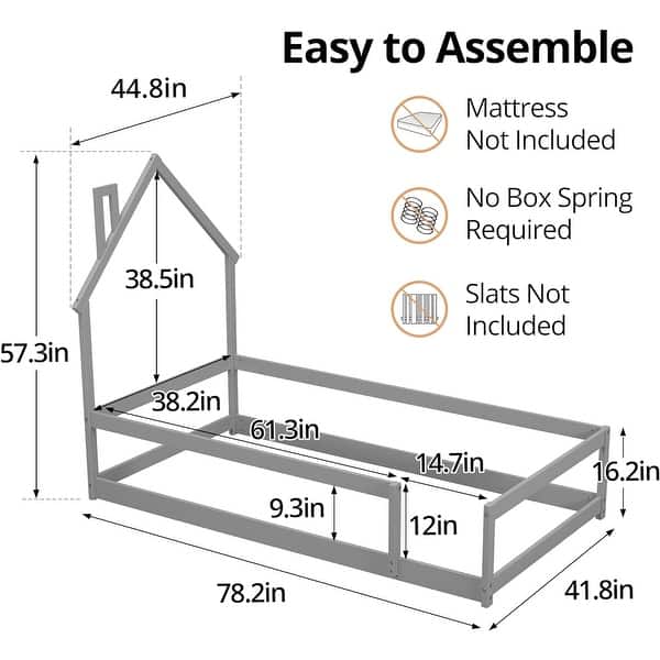 dimension image slide 1 of 6, Twin Size House-Shaped Headboard Floor Bed with Fences