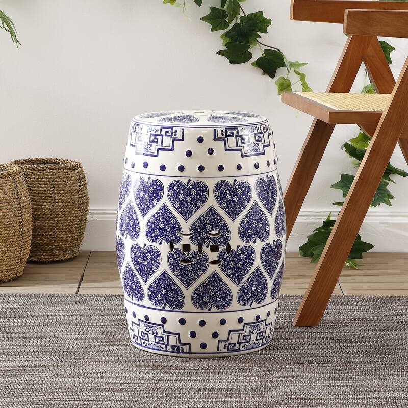 Happy Hearts 17.8" Chinoiserie Ceramic Drum Garden Stool, Blue