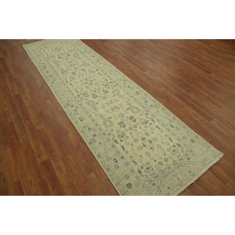 Vegetable Dye Floral Oushak Turkish Runner Rug, Floral Geometric - 9' 9'' X 2' 11''